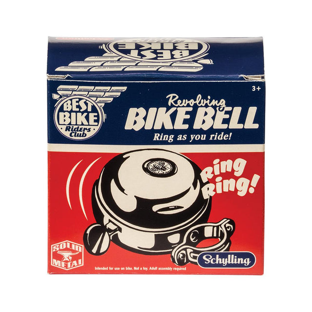 Bike Bell packaged box showing shiny metal bell with lever and handlebar attachment for kids aged 3 and up.