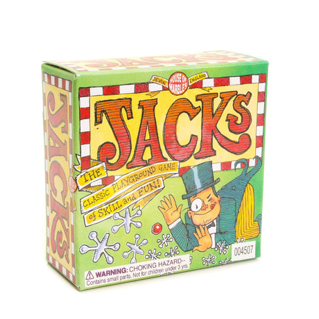 Jacks game box featuring classic playground game with metal jacks, bouncy ball, and storage bag, titled Jacks.