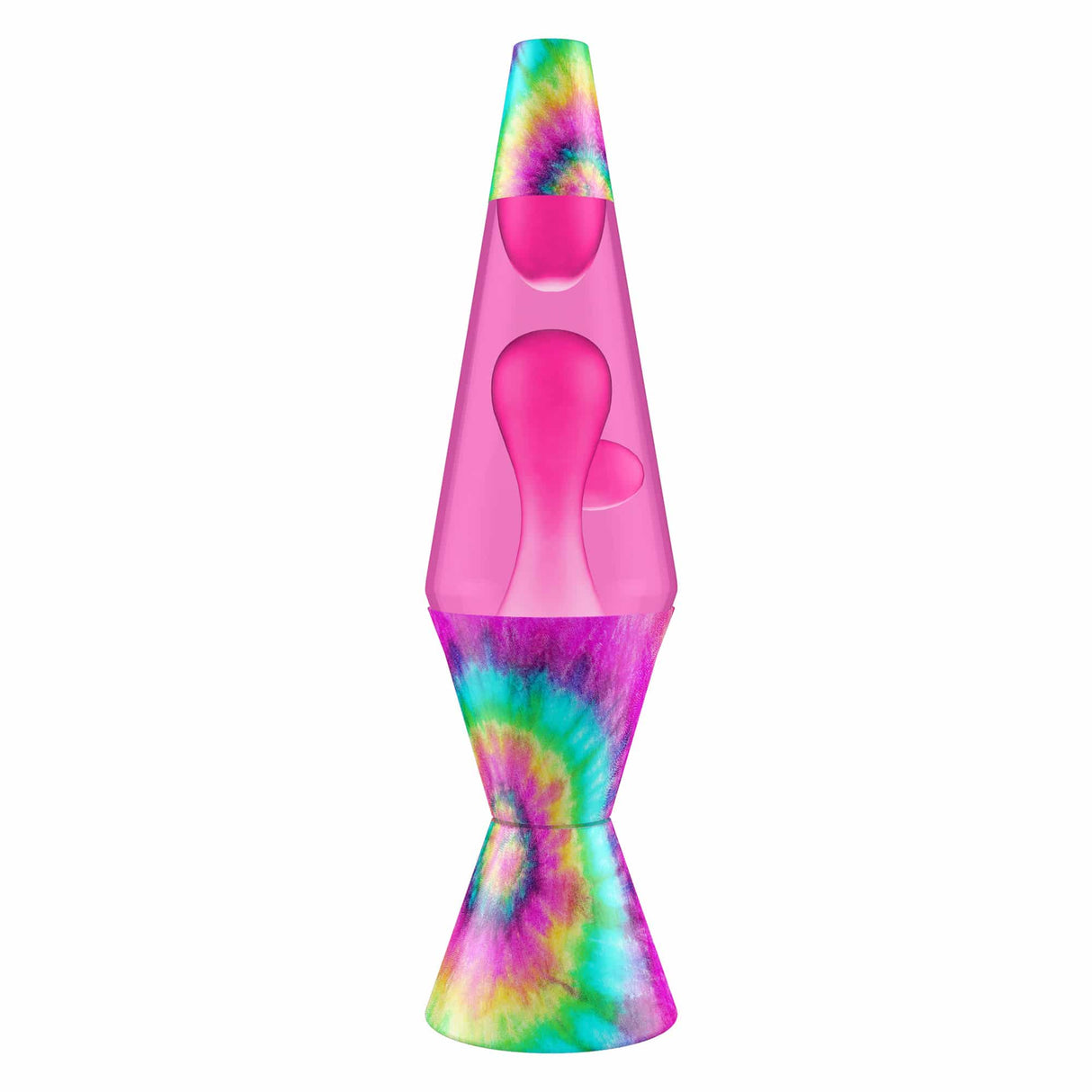 Lava Lamp | Pink Tie Dye with vibrant tie dye base, pink liquid, and wax flowing inside a classic lava lamp shape.