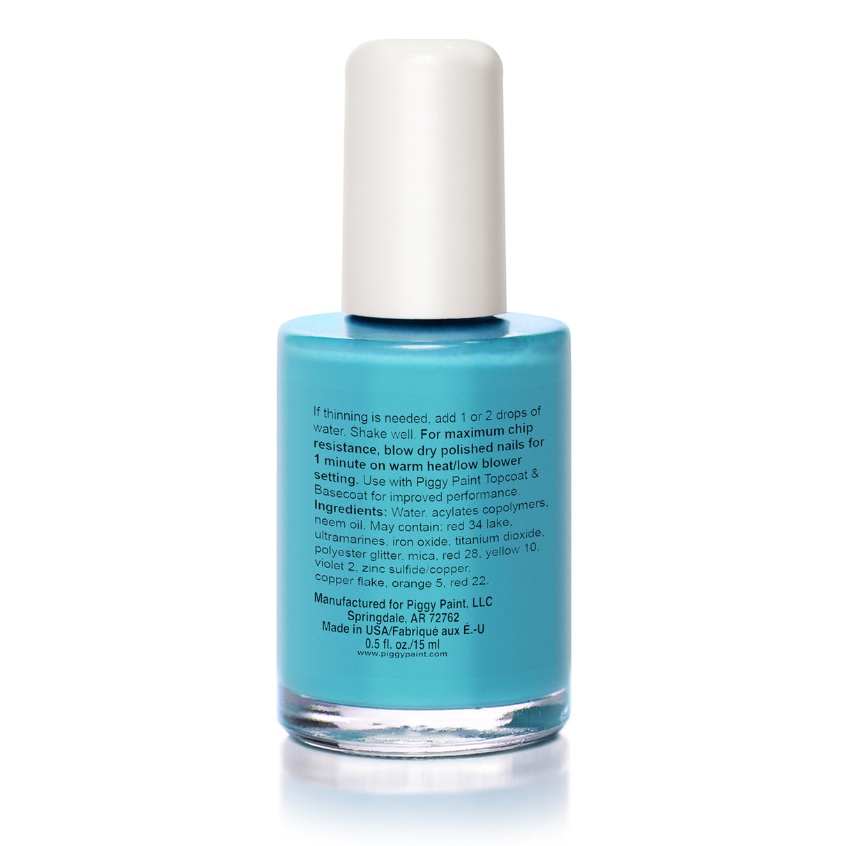 Bottle of Nail Polish Sea-Quin bright matte pastel turquoise color with white cap and text on back.