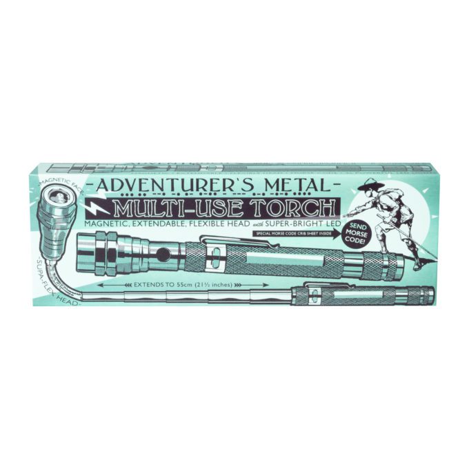 Adventurer's Multi Use Torch with magnetic, extendable, flexible head and super bright LED in vintage-style packaging.