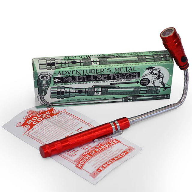 Adventurer's Multi Use Torch with magnetic, extendable arm, flexible head, and super bright LED for versatile use.