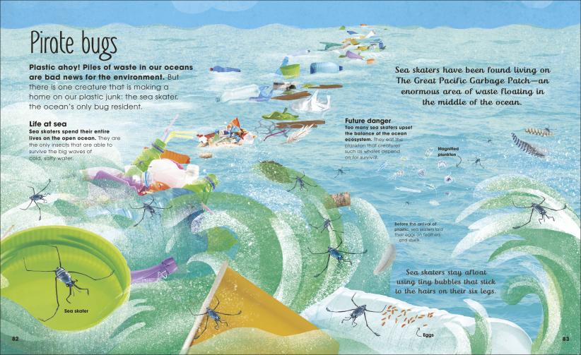 Brilliant Book of Bugs inner spread showing illustrated sea skaters and ocean plastic pollution facts for kids.