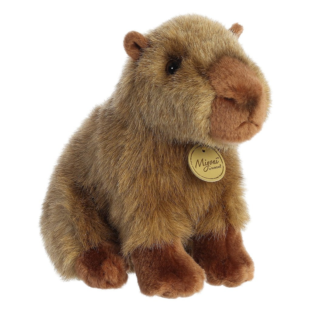 Capybara plush by Miyoni with soft brown fur, sitting on hind legs, 9 inches tall, realistic and cute stuffed animal.