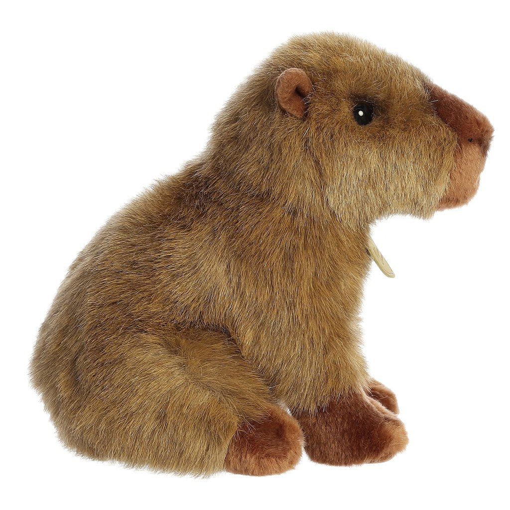 Capybara plush with soft brown fur sitting on hind legs, realistic and cute design, approx. 9 inches tall.