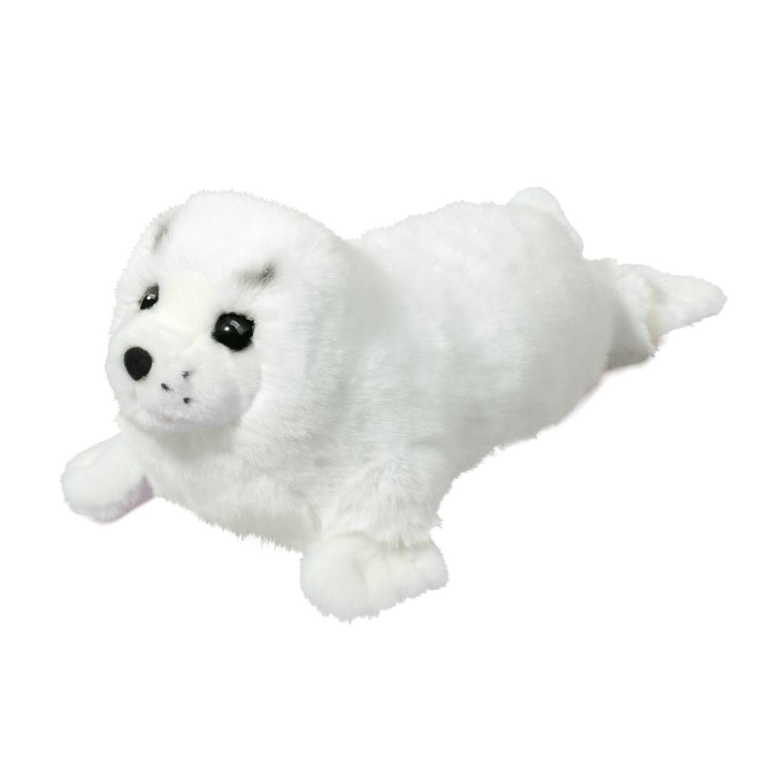 White Seal Twinkle plush toy with soft fur, lifelike flippers, black nose, and detailed whiskers for cuddling and play.