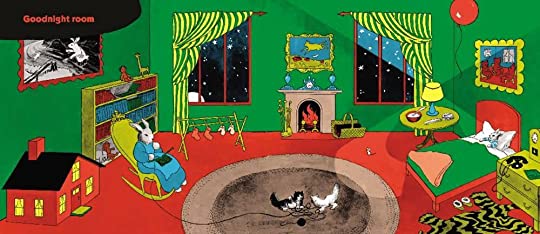 Goodnight Moon illustration of a cozy green room with a bunny, kittens, fireplace, and bedtime scene for children.