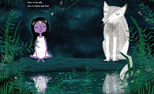 Illustration from Moon showing a girl meditating by a pond next to a seated wolf in a dark forest setting.