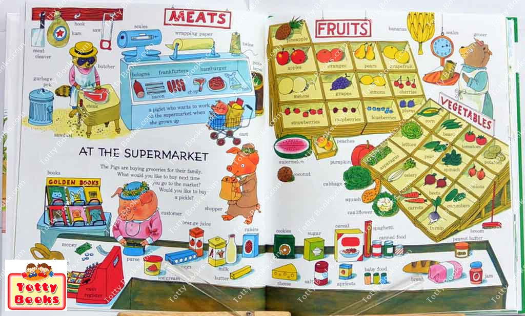 Richard Scarry's Best Word Book Ever open to a colorful illustrated supermarket scene with labeled foods and characters.