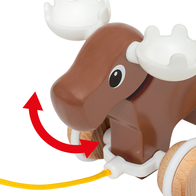 Close-up of the Moose Pull Toy showing its brown body, white horns, and wooden wheels with a yellow pull string.