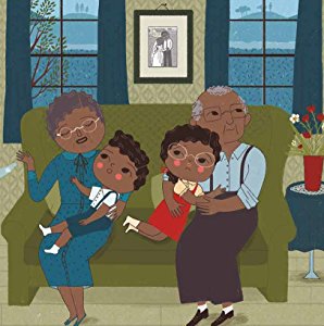 Illustration from Little People, Big Dreams: Rosa Parks showing two elderly women and children on a green sofa by a window.