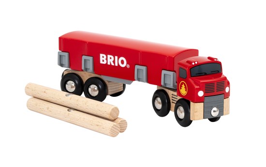 Lumber Truck red semi-truck toy with detachable trailer and wooden log loads for imaginative play ages 3 and up.