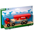 Lumber Truck red semi-truck toy with detachable trailer and wooden logs for BRIO World, ages 3 and up.