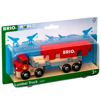 Lumber Truck red semi-truck toy with detachable trailer and wooden logs for BRIO World, ages 3 and up.