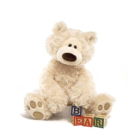 Teddy Bear Philbin Tan plush sitting with paw pad accents and wooden blocks spelling BEAR on white background.