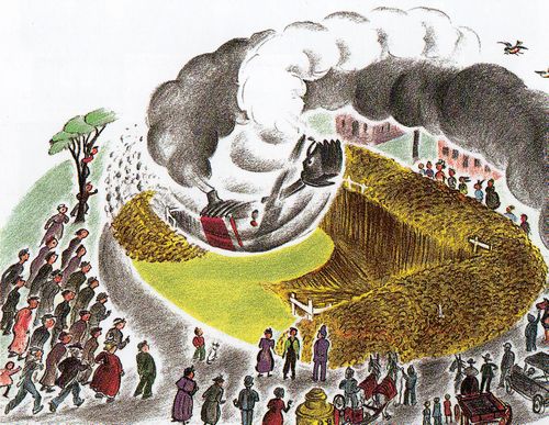 Illustration from Mike Mulligan and His Steam Shovel showing Mary Anne digging a large cellar while townspeople watch.