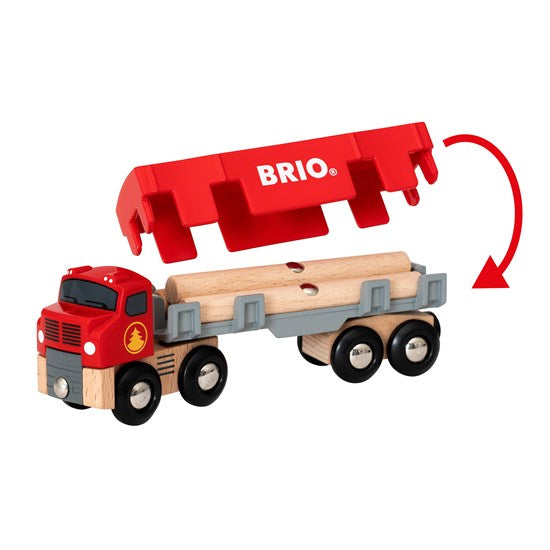 Lumber Truck with red detachable trailer and wooden logs, showing the removable red cover lifted to reveal the load inside.