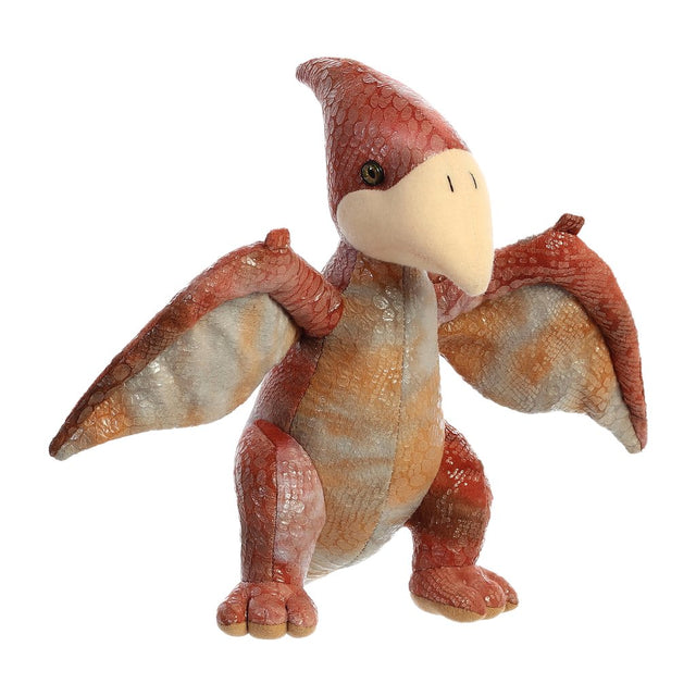 Pteranodon plush with textured maroon, orange, and gray scales, standing on hind legs with large wings spread wide.