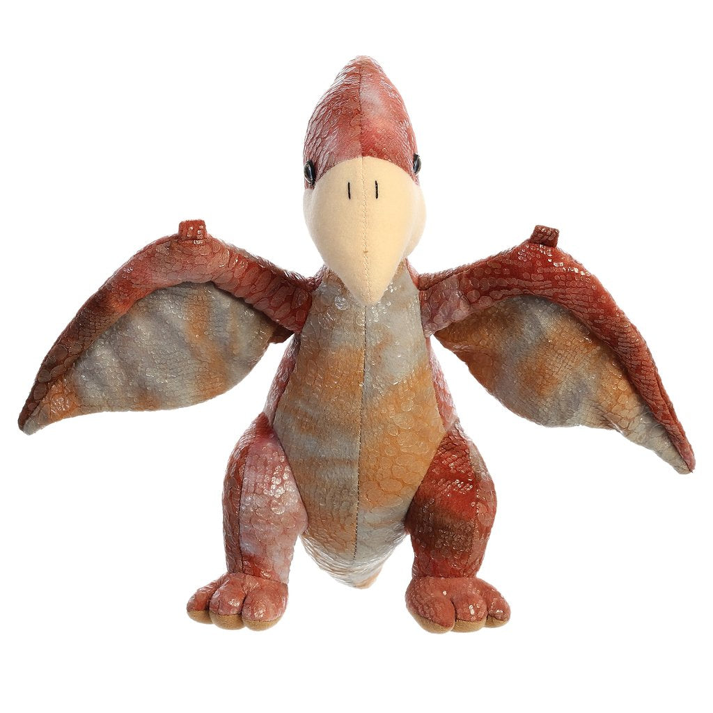 Pteranodon plush toy with large wings, pointy head, and maroon, orange, and gray textured fabric design.