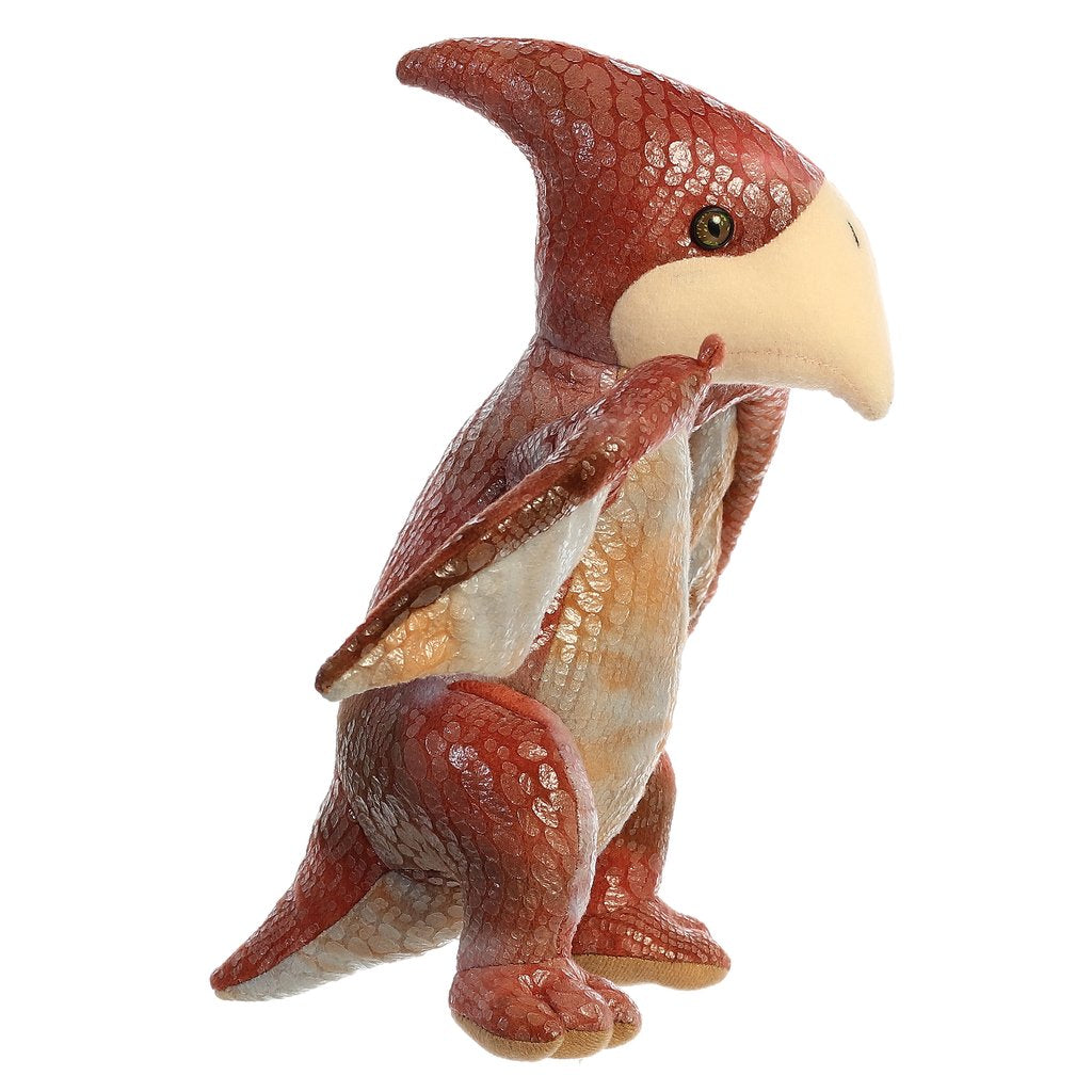 Pteranodon plush with textured maroon, orange, gray scales, pointy head, wings, standing on hind legs, 11 inches tall.
