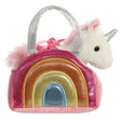 Fancy Pals Over the Rainbow Unicorn plush purse with rainbow design and silver handles, 7 inches long.