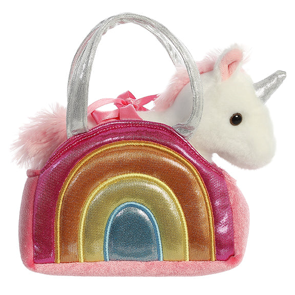 Fancy Pals Over the Rainbow Unicorn plush purse with rainbow design and silver handles, 7 inches long.