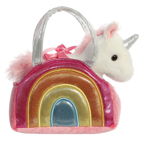 Fancy Pals Over the Rainbow Unicorn plush purse with rainbow design and silver handles, 7 inches long.