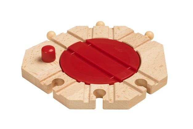 Mechanical Turntable toy with wooden tracks and red rotating center for kids to turn trains easily and enjoy playtime.