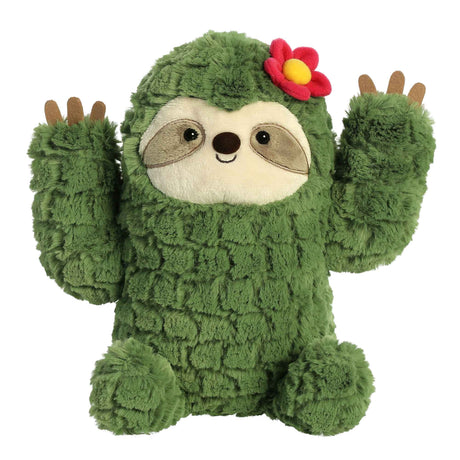 Cactus Sloth plush toy with soft green cactus-like texture, smiling face, and a red flower accessory.