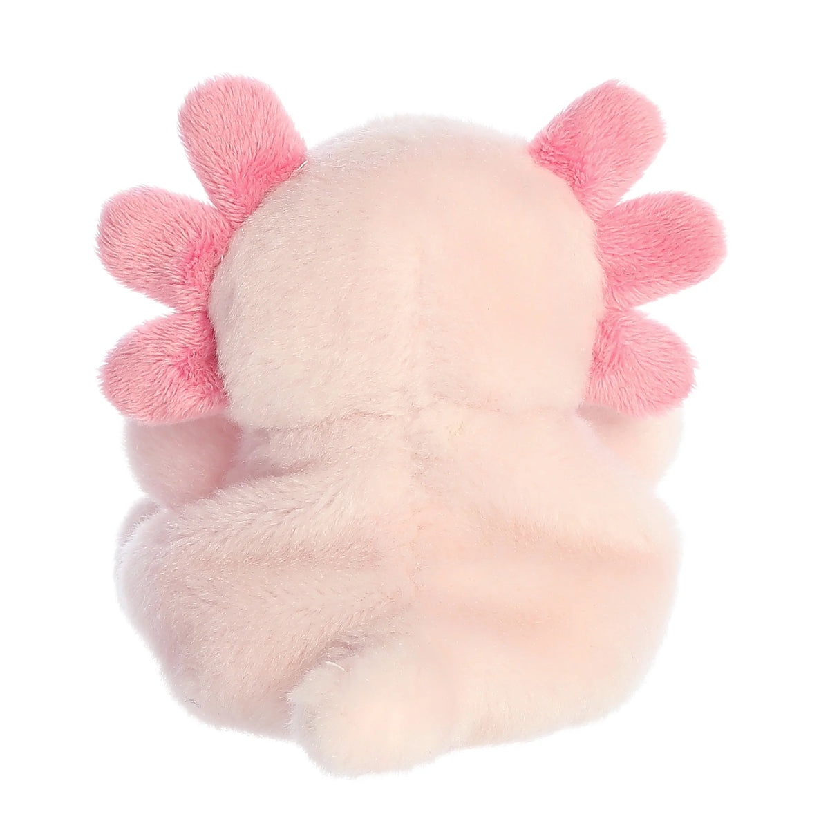 Palm Pals Axolotl Ax plush toy showing soft, fluffy texture and pink gill details from the back view.