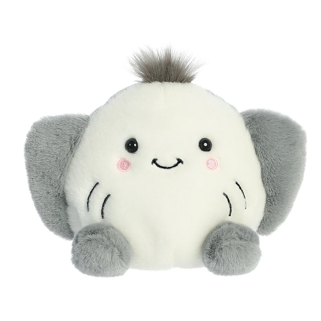 Palm Pals Stingray Flapjack plush with soft grey fins, pink cheeks, smile, and tuft of hair, 5-inch cute companion.
