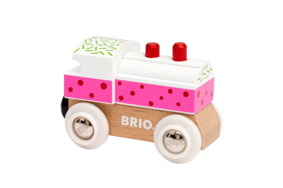 Themed Wooden Train - Assorted featuring a pink and white wooden train with red smokestacks and magnetic couplings.