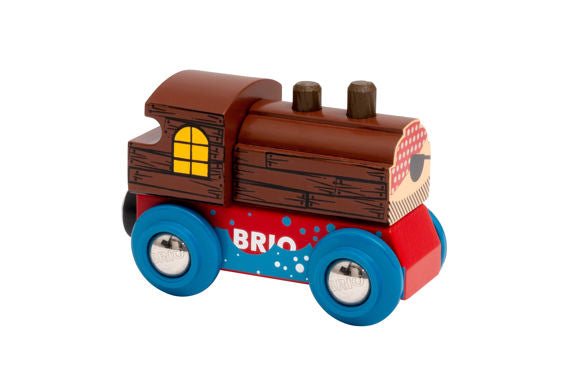 Themed Wooden Train - Assorted featuring a wooden engine with blue wheels and a fun pirate face design.