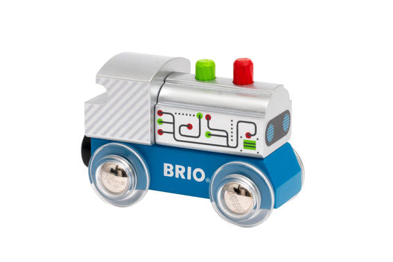 Themed Wooden Train - Assorted silver and blue robot-themed wooden toy train with magnetic couplings from BRIO.