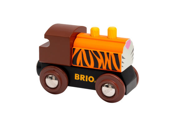 Themed Wooden Train - Assorted tiger-striped wooden toy train engine with magnetic couplings, classic BRIO design, for ages 3 and up.