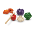 Five Color Veggie Set with sliceable toy veggies broccoli, bell pepper, pumpkin, garlic, red cabbage, and wooden knife.