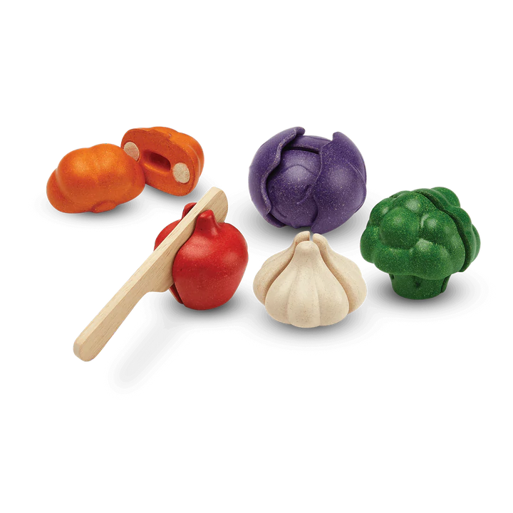 Five Color Veggie Set with sliceable toy veggies broccoli, bell pepper, pumpkin, garlic, red cabbage, and wooden knife.