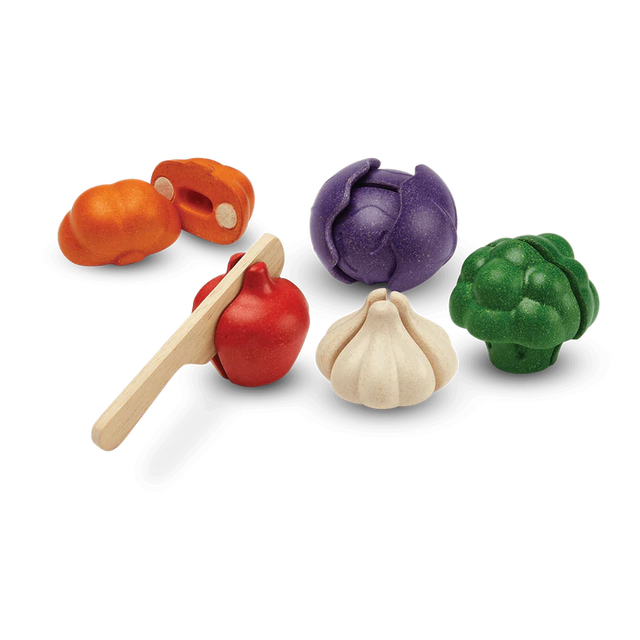 Five Color Veggie Set with sliceable toy veggies broccoli, bell pepper, pumpkin, garlic, red cabbage, and wooden knife.