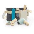 Hair Dresser Set with toy hair dryer, scissors, comb, straightener, clipper, and fabric utility belt for kids.