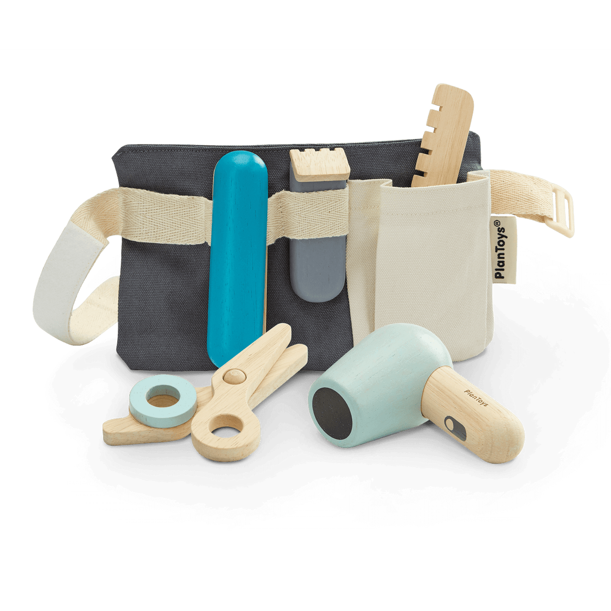 Hair Dresser Set with toy hair dryer, scissors, comb, straightener, clipper, and fabric utility belt for kids.