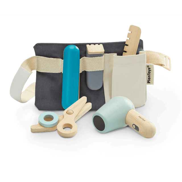 Hair Dresser Set with toy hair dryer, scissors, comb, straightener, clipper, and fabric utility belt for kids.