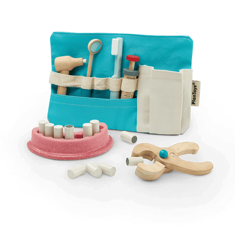 Dentist Set with wooden dental tools, toothbrush, teeth holder, and cotton storage bag for pretend play.