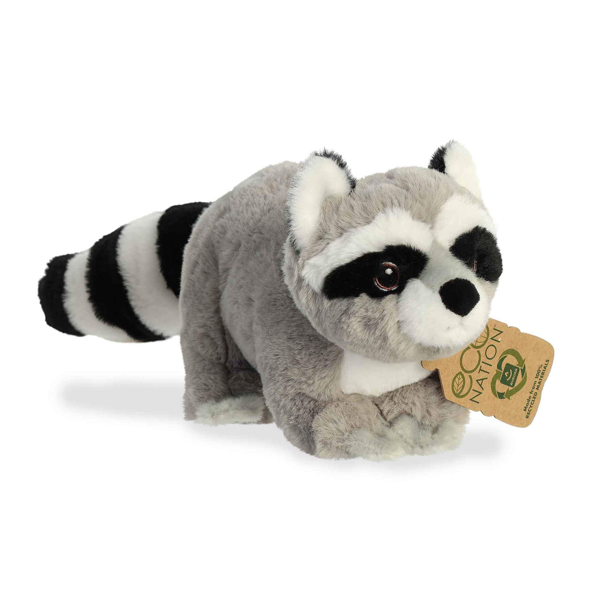Raccoon Eco plush made from 100% recycled materials, soft grey raccoon with striped tail and Eco Nation tag.