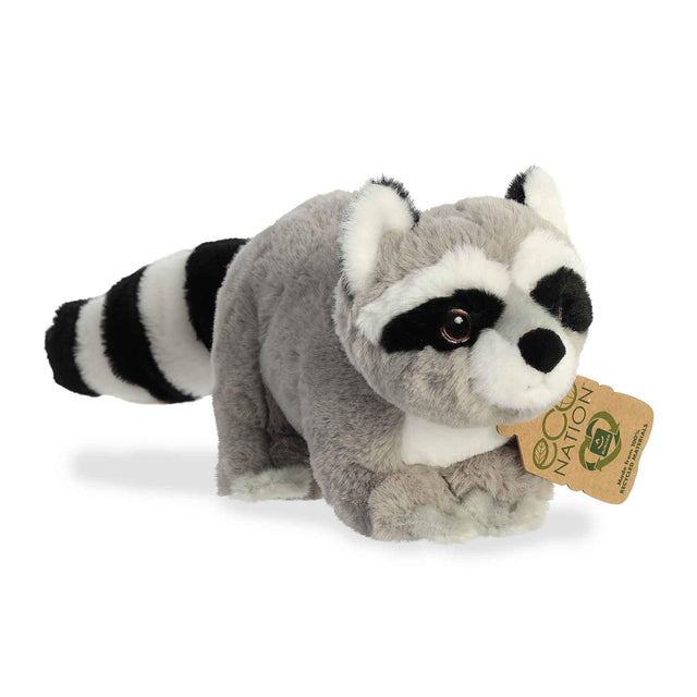 Raccoon Eco plush made from 100% recycled materials, soft grey raccoon with striped tail and Eco Nation tag.