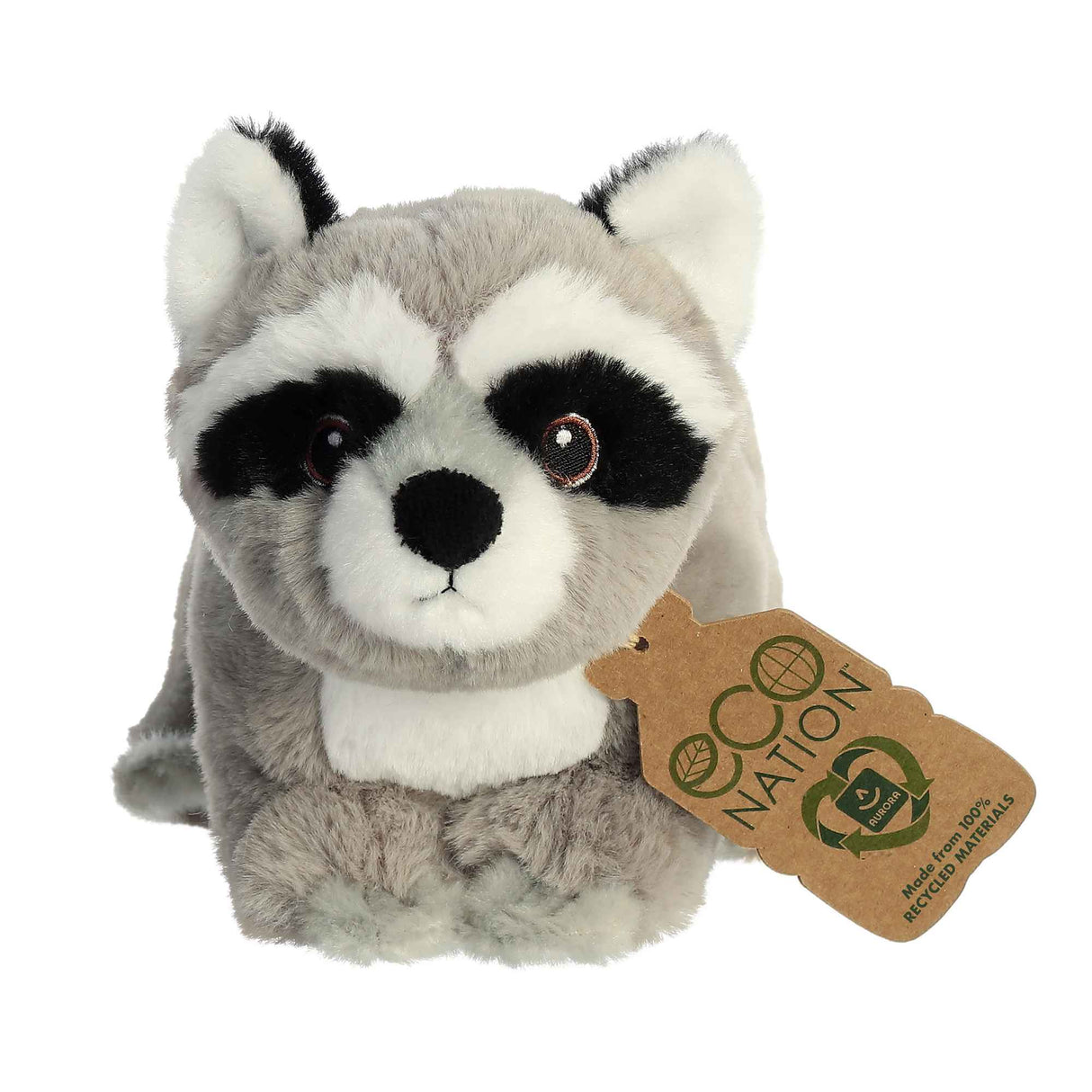 Raccoon Eco plush by Aurora World, soft grey raccoon with embroidered eyes made from 100% recycled materials.