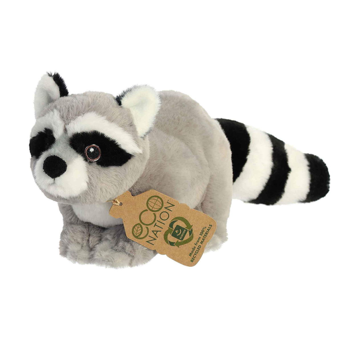 Raccoon Eco plush made from 100% recycled materials with black and white striped tail and Eco Nation tag.