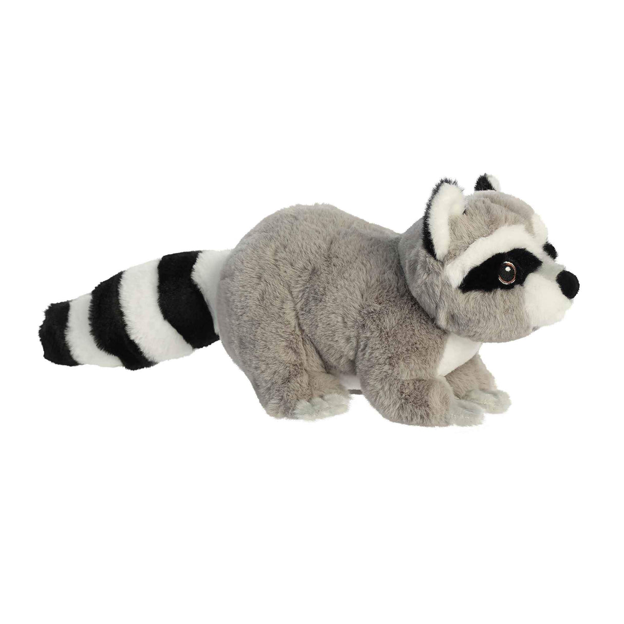 Raccoon Eco plush toy made from 100% recycled materials with soft grey fur and black and white striped tail.