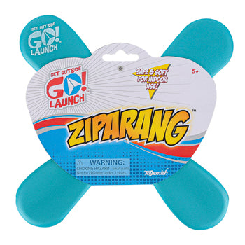 Boomerang Ziparang in bright blue foam, safe and soft for indoor play, perfect for ages 5 and up.