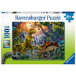 100pc Prehistoric Oasis Puzzle featuring vibrant dinosaurs in a lush prehistoric jungle scene for ages 6 and up.