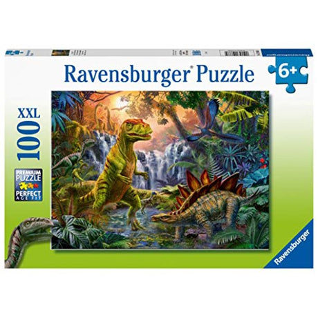 100pc Prehistoric Oasis Puzzle featuring vibrant dinosaurs in a lush prehistoric jungle scene for ages 6 and up.